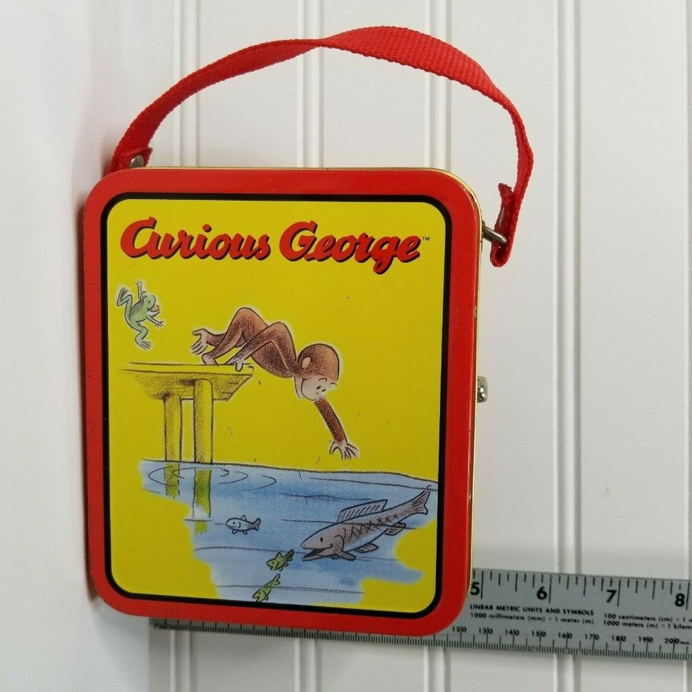 Vintage Mini Metal Lunchbox Curious George Fishing Theme Case Woven Handle